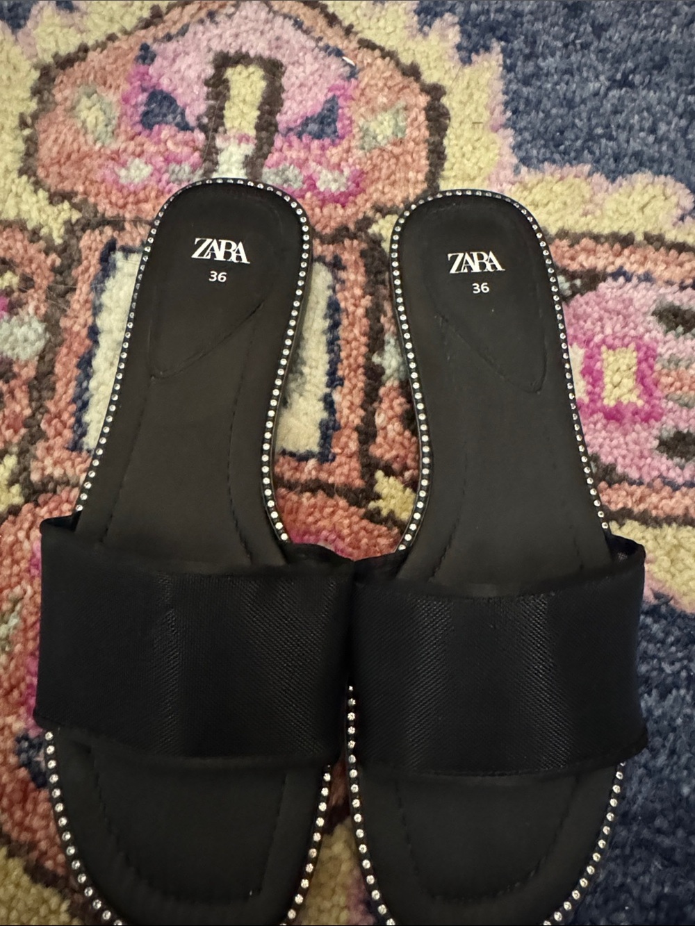 Zara Black Slide Sandals with Silver Stud Trim